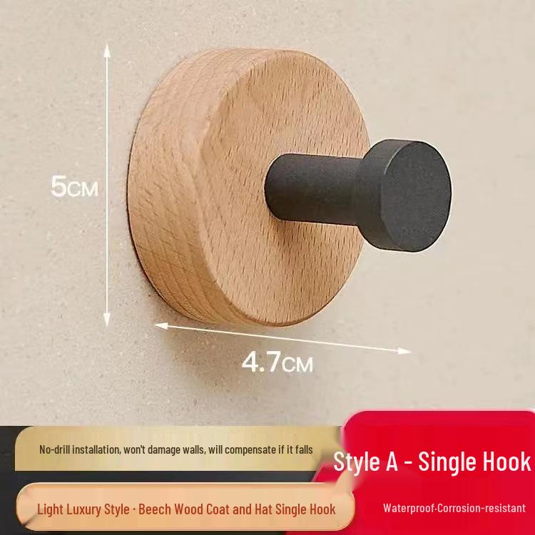 Walnut Wall-Mounted Hook for Clothes & Hats, No-Punch Installation for Door Back or Entrance Hall