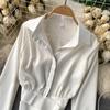 Spring French Design Sense Elegant Shirt Women Aesthetic Elastic Belt Waist Slim Short Blouse Female New Fashion Solid Retro Shirt Joker