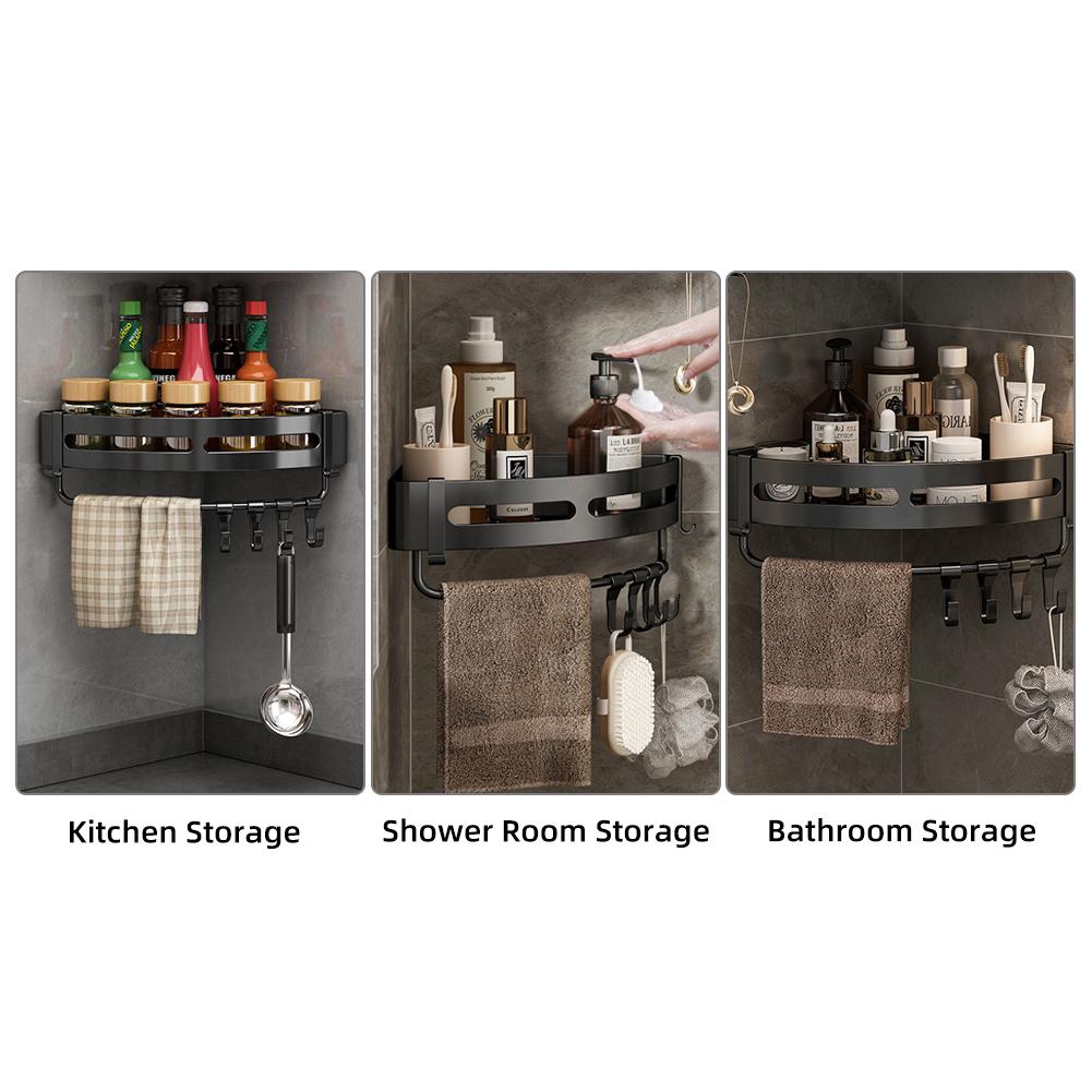 Bathroom Kitchen Shelf, Adhesive or Screws Wall Mounted Shower Shelving with 4 Movable Hooks,