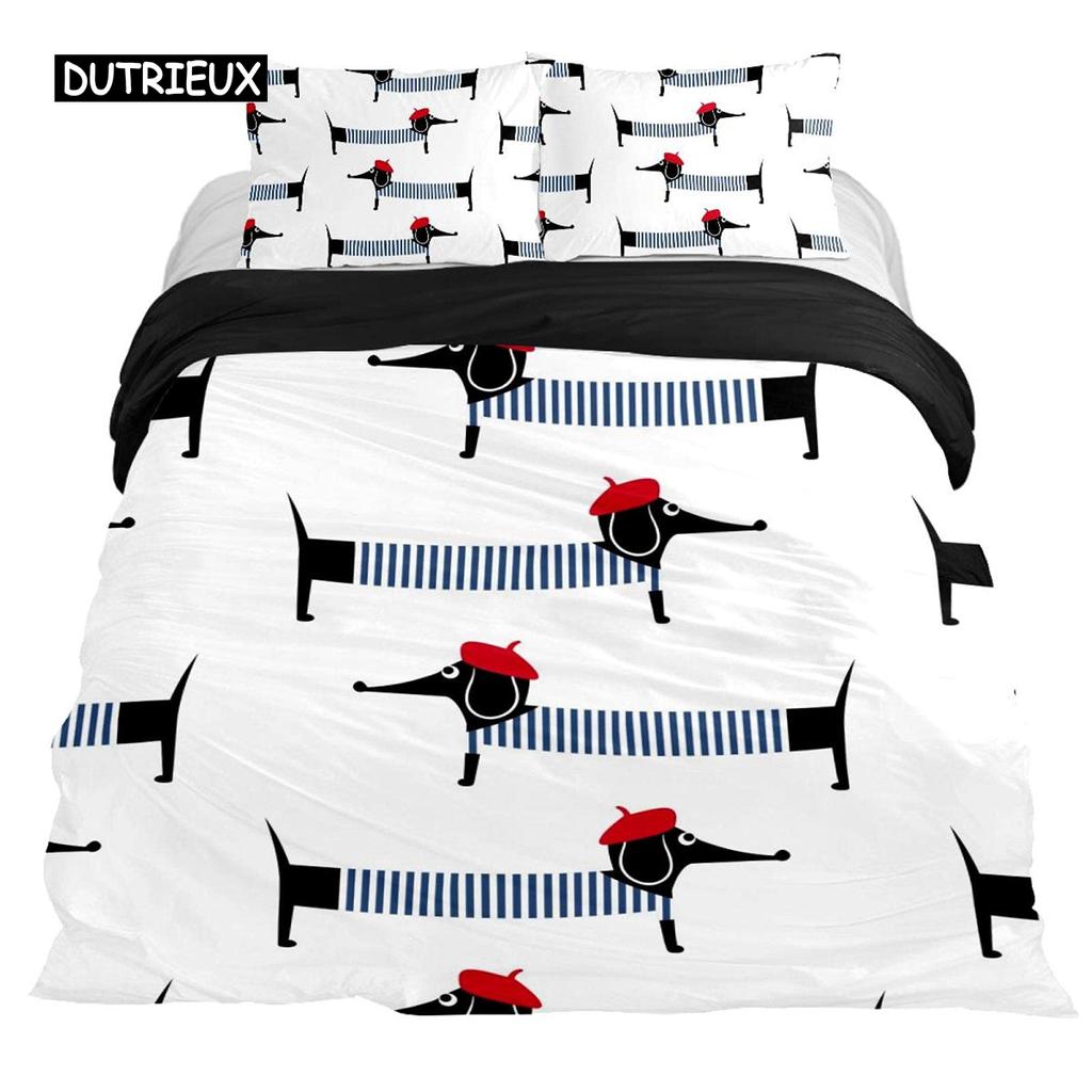 Dachshund Duvet Cover Set Cartoon Style Dachshunds King Size Bedding Set for Dog Lovers Kids Teens 2/3pcs Twin Comforter Cover