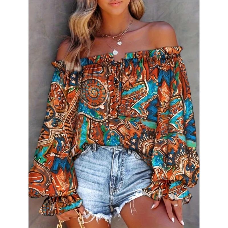 

A Loose Women s Top with Off-the-shoulder Prints, Contrasting Colors, Puffed Sleeves and LACES 4XL помаранчевий