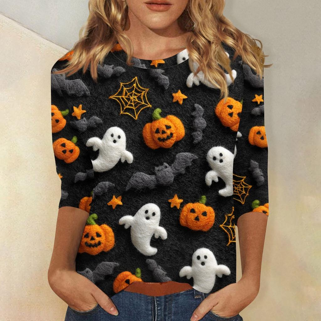 Women's Fashion Casual Round Neck 3/4 Sleeve Loose  Printed T-Shirt Ladies Top