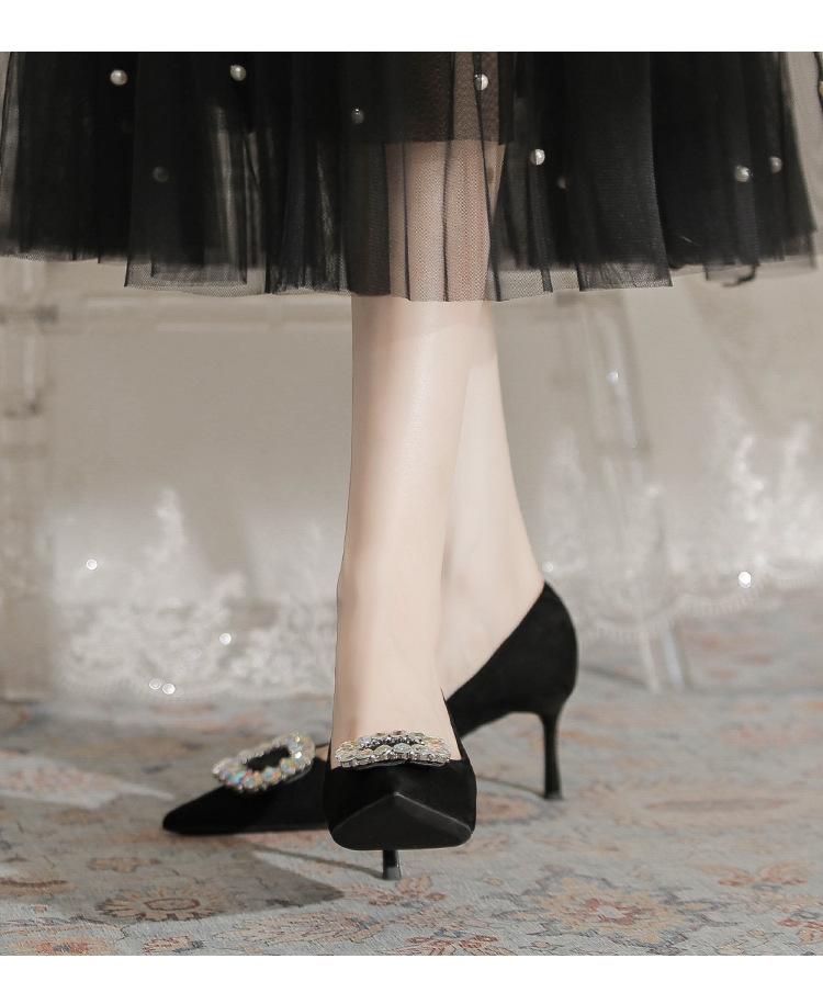 French Pointed Rhinestone High Heels Women's 2025 New Temperament Not Tired Feet Comfortable Black Suede Professional Single Shoes