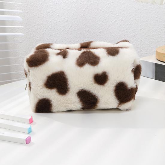 Fuzzy Makeup Bag Fluffy Plush Zipper Cosmetic Pouch with Heart Pattern Cute Pencil Case Travel Toiletry