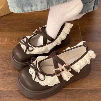 Schwarze Retro-Plateau-Damen-Lederschuhe mit Schleife für den Frühling