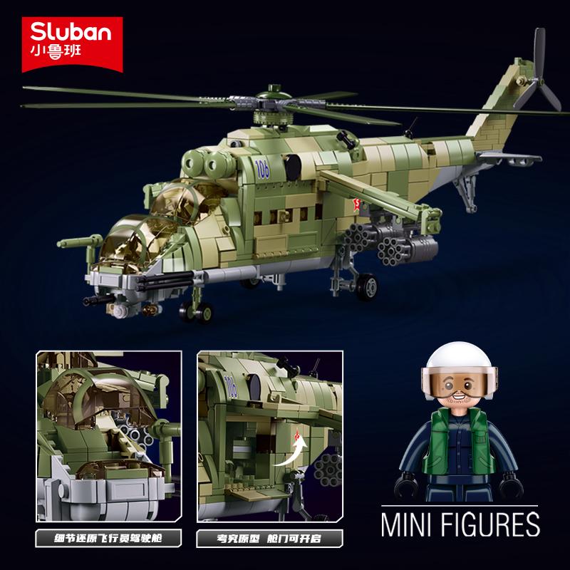 2024 Sluban WW2 Military Russia Air Weapon Mi-24 Attack Helicopters Hind Model Building Blocks Classics Fighter Bricks Plane Toy