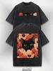 Distressed Black Graphic Tee Retro Cat Eyes Front & Flower Cat Back Oversized Top