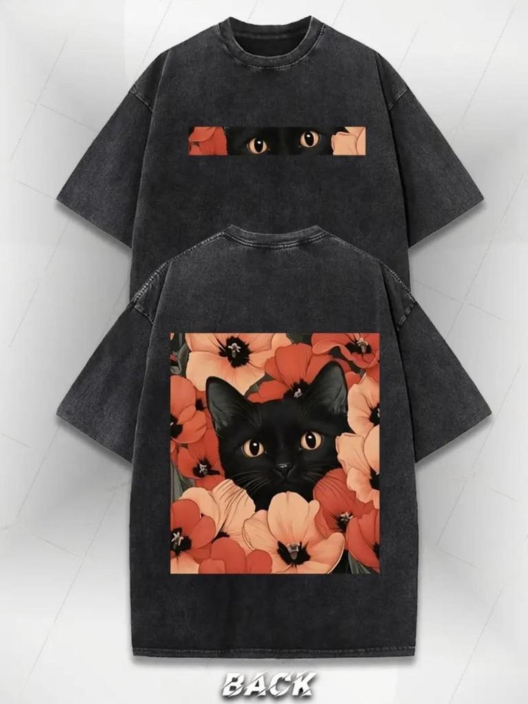 Distressed Black Graphic Tee Retro Cat Eyes Front & Flower Cat Back Oversized Top