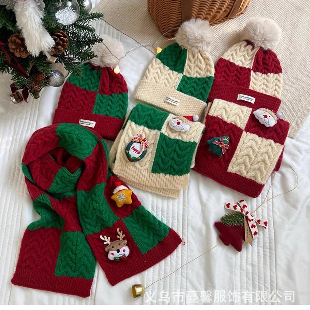 Korean-Style Kids' Christmas Scarf & Beanie Set: Warm Knit Neck Warmer for Boys & Girls