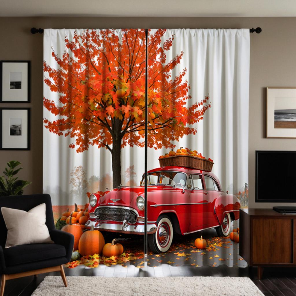 2pcs set HD Halloween Maple Leaf tree under the nostalgic classic car pumpkin decorative curtain Black tie digital printed cu