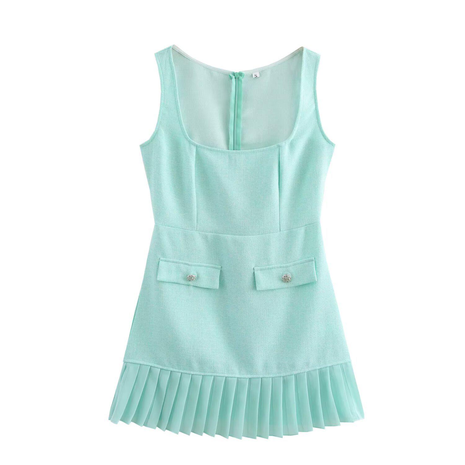 

Весна 2025 Женское Европейское и Американское Платье без рукавов с квадратным вырезом, плиссированное, пэчворк Large чирковый