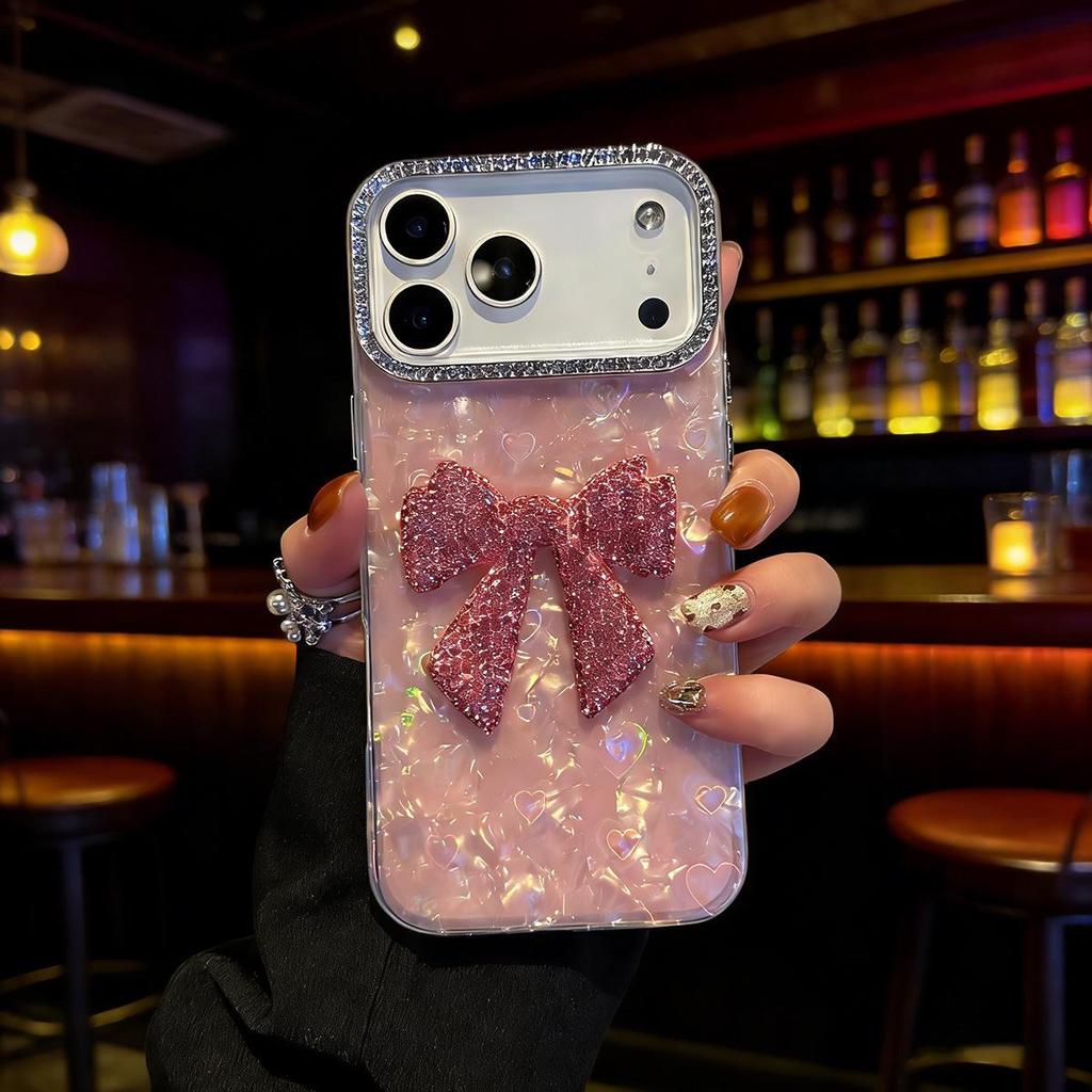 iPhone 17 Heart Shell Rhinestone Bow Case, Soft Luxury Cover
