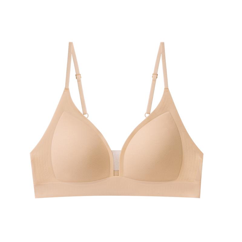 Spring and summer French glossy triangle cup seamless underwear, women s deep V sexy rimless bra gathering upper cup S