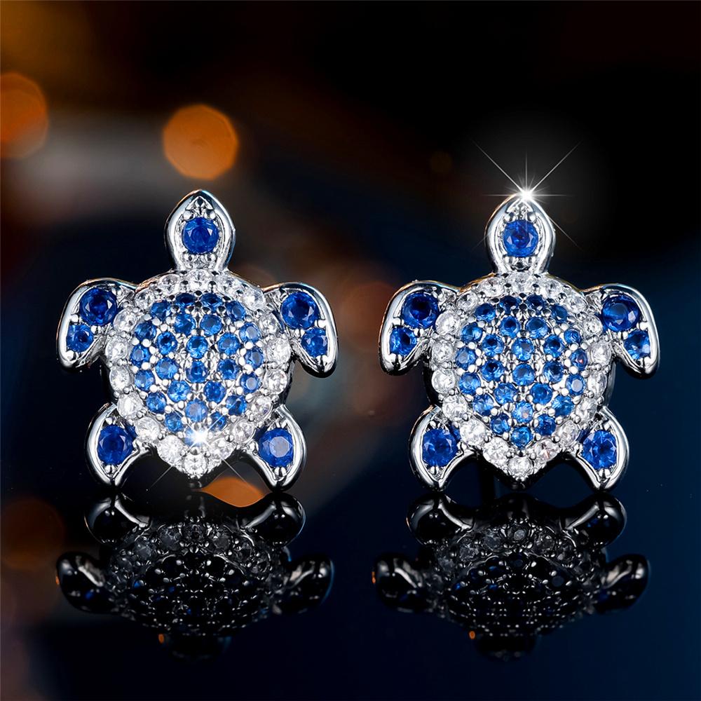 Cute Female Green Rose Red Blue Zircon Stone Small Round Turtle Stud Earrings Vintage Silver Color Wedding Jewelry For Women