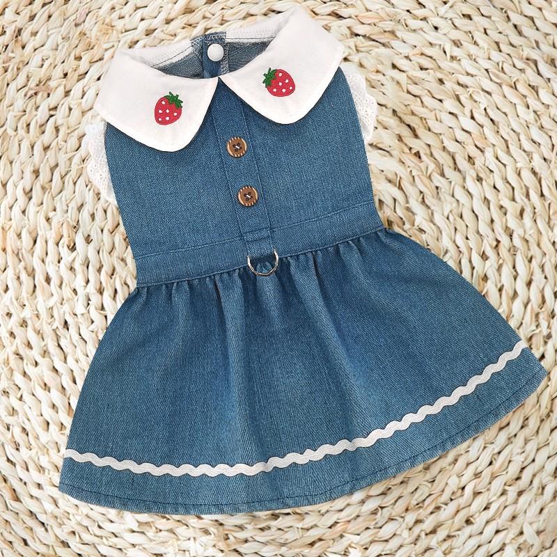 

Джинсова сукня для собаки з принтом полуниці, мереживом, милий одяг для домашнього улюбленця, чихуахуа, бішон фрізе, літня спідниця для цуценяти, костюм для кота/собаки з пряжкою XS