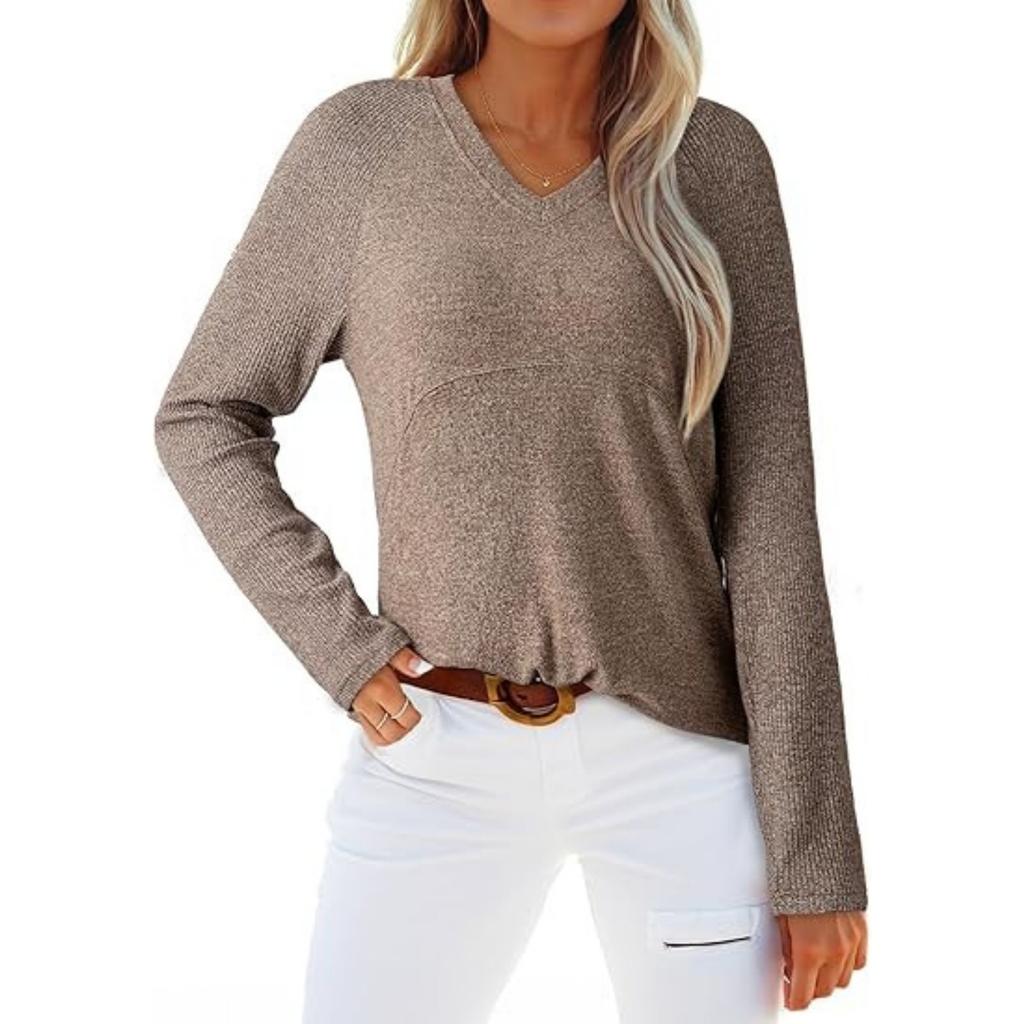 Women's Solid Color V Neck Long Sleeved Top