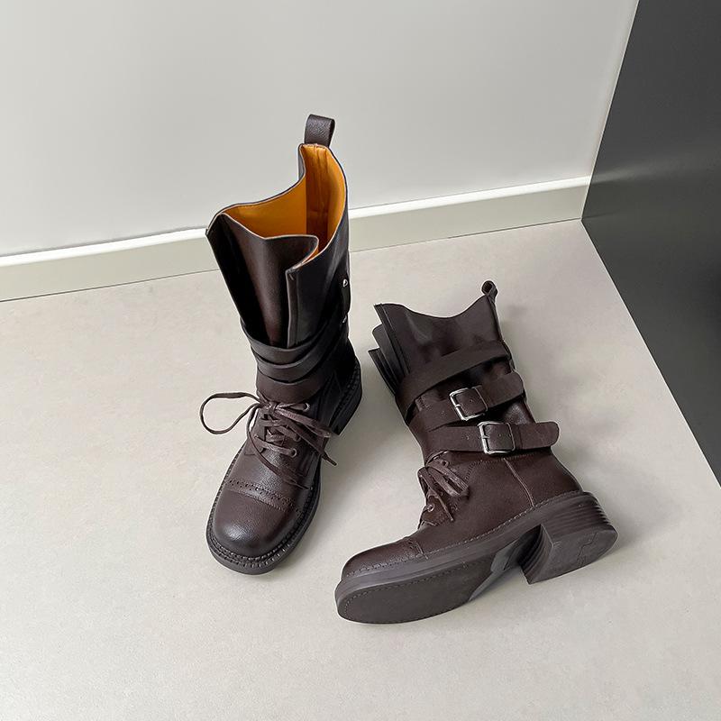 2025 autumn and winter new medium tube retro British style belt buckle lace-up Martin boots women's thick-soled heightening western boots women