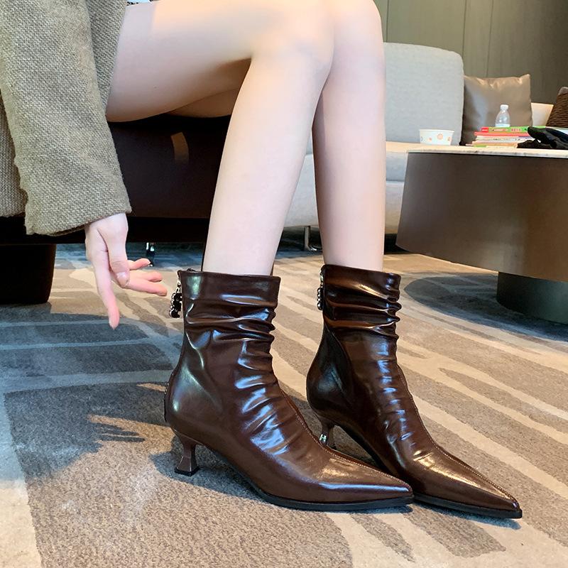 Wide large size women's shoes fat feet Martin boots brown high heel short boots temperament versatile large tube circumference thin boots