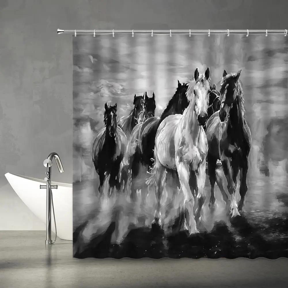 Western Horse Shower Curtains Running Horses Farm Animal Country Unique Oil Painting Abstract Art Fabric Bathroom Deco Set Hooks