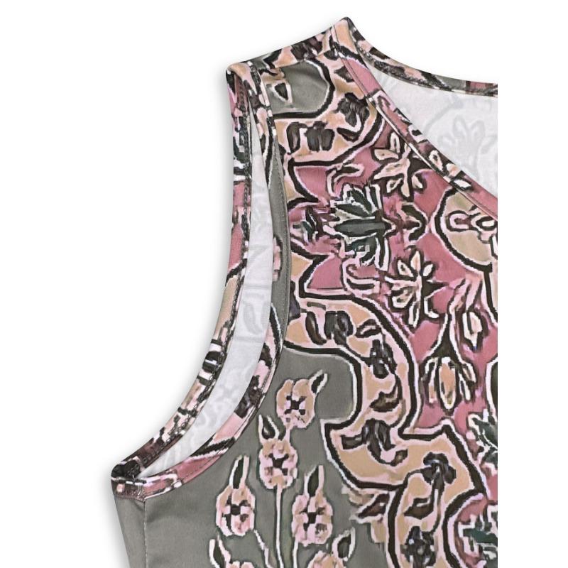 JKASHDK Kvinnemote Sommer Vårblomstmønster Print Ermeløs O-hals Løs midje Fritidskjoler