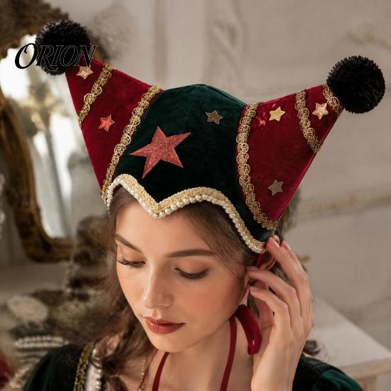 Red Green Party Costume Accessories Christmas Jester Hat, Velvet Star Clown Hat with Gold Trim Pom Creative Outfit Poms, Adjustable Tie, Cosplay
