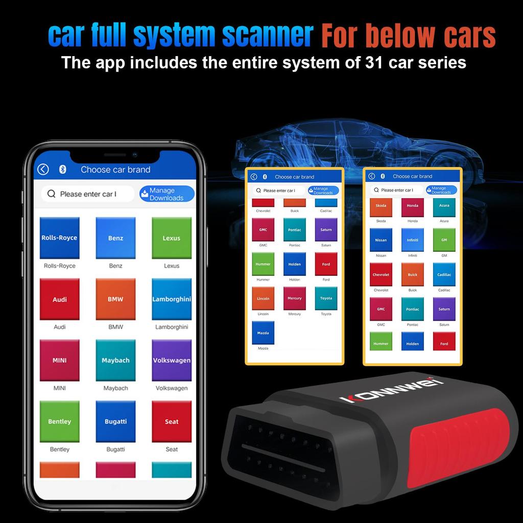 KONNWEI KDIAG Bluetooth Nástroj pro automatickou diagnostiku celého systému Reset oleje Párování baterie Resety Autoskener Čtečka kódů Doživotně zdarma