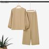 ZANZEA Damen Langarm Patchwork Bluse und Hose Lässige Zweiteilige Anzugsets