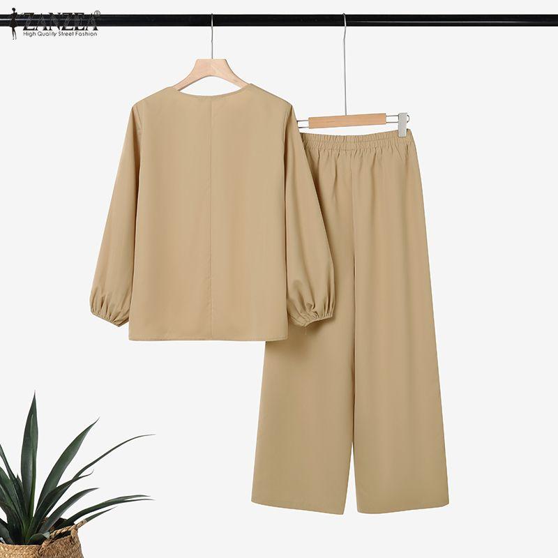 ZANZEA Damen Langarm Patchwork Bluse und Hose Lässige Zweiteilige Anzugsets