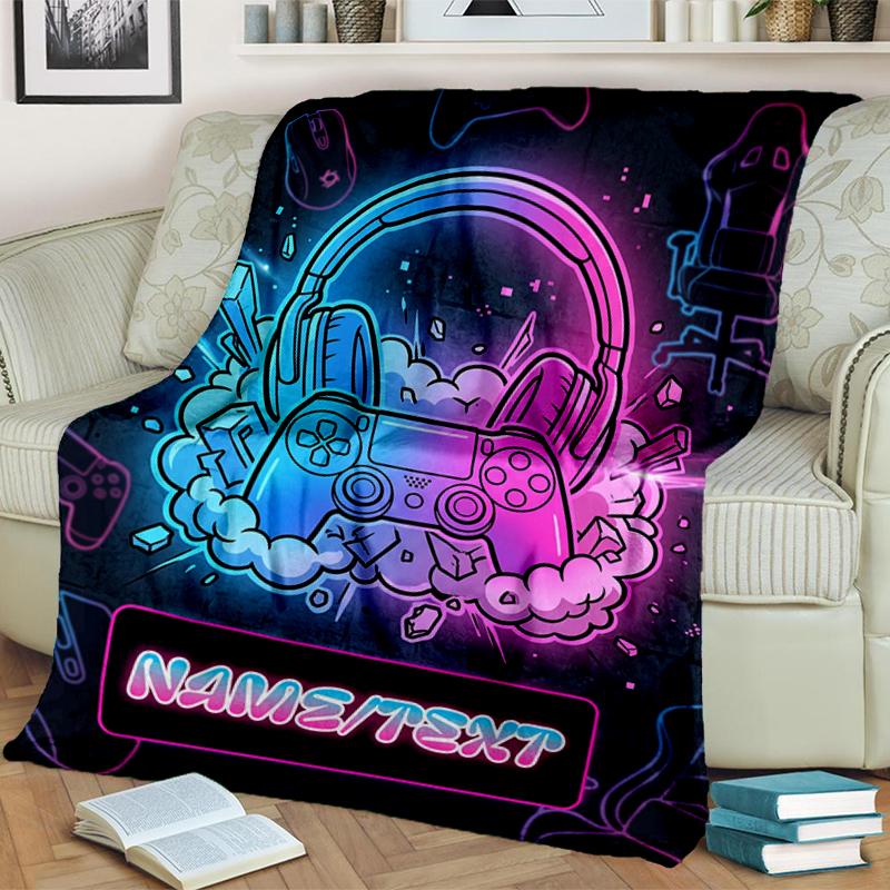 1PC Custom Name Gamer Neon Vibes flannel blanket versatile,all-season throw suitable for the living room,bedroom,camping,travel,and gift