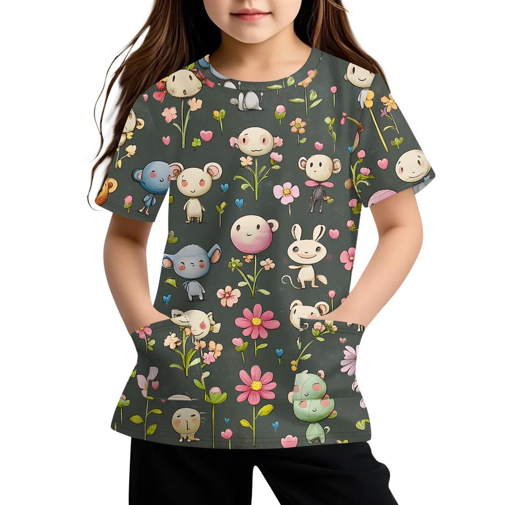 Children's Short Sleeve Pocket Tops Casual  Print T Shirt Round Neck Pullover Blouse
