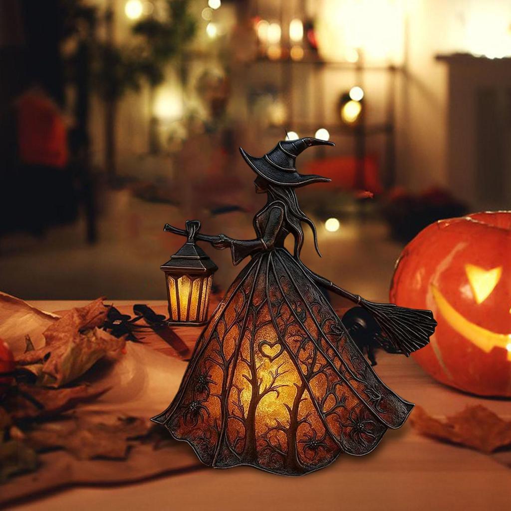 Halloweenská čarodějnická lampa, Gotická strašidelná čarodějnická dekorace s lucernou, Unikátní stolní lampa, Dekorační figurka, Stojící noční světlo pro domácí párty dekoraci