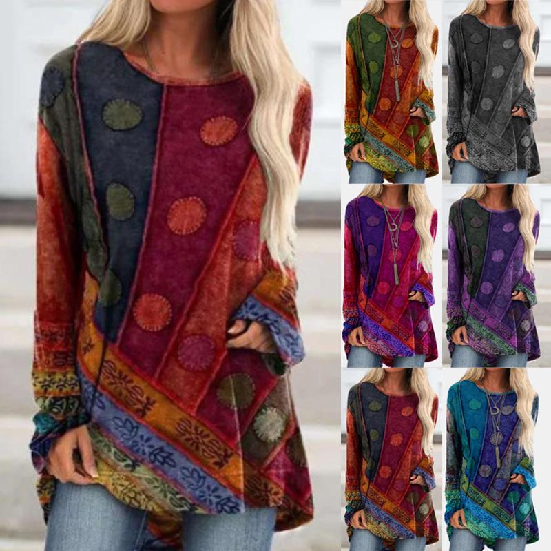 2024 Ethnic Style Women's Plus Size Loose Long Sleeve Print T-shirt Hoodie