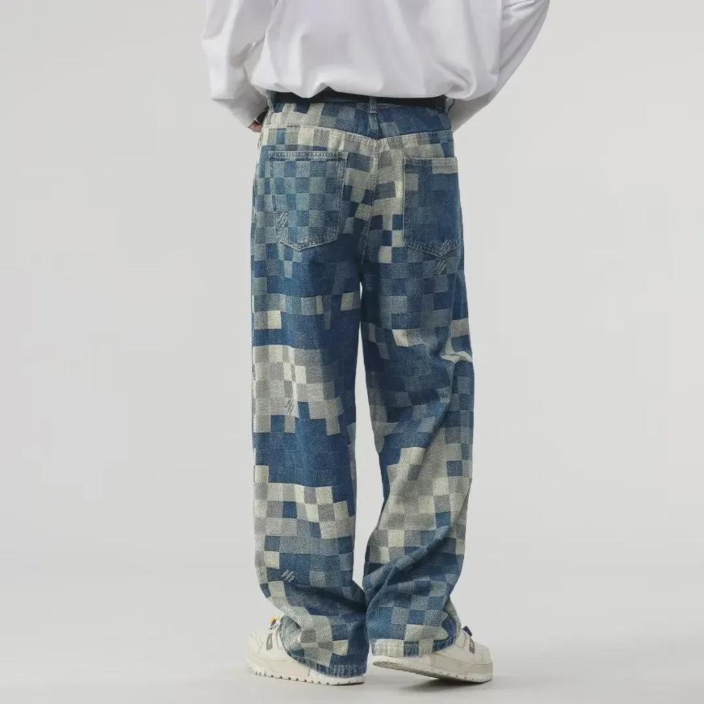 Jeans da Uomo Autunnali a Zampa Larga a Scacchiera Mosaico
