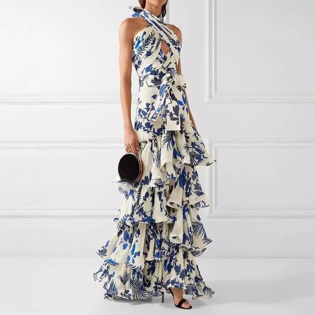 Summer new bohemian vacation style straps Lorita swing dress print dress S