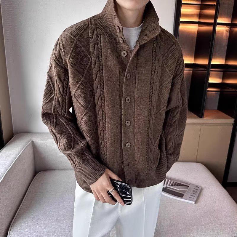 

Men s Fashionable Cable Knit Cardigan - Autumn/Winter Casual Loose Style Sweater 3XL кавовий