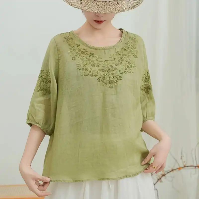 Women's Linen Embroidered Blouse Round Neck Half Sleeve Casual Summer Top