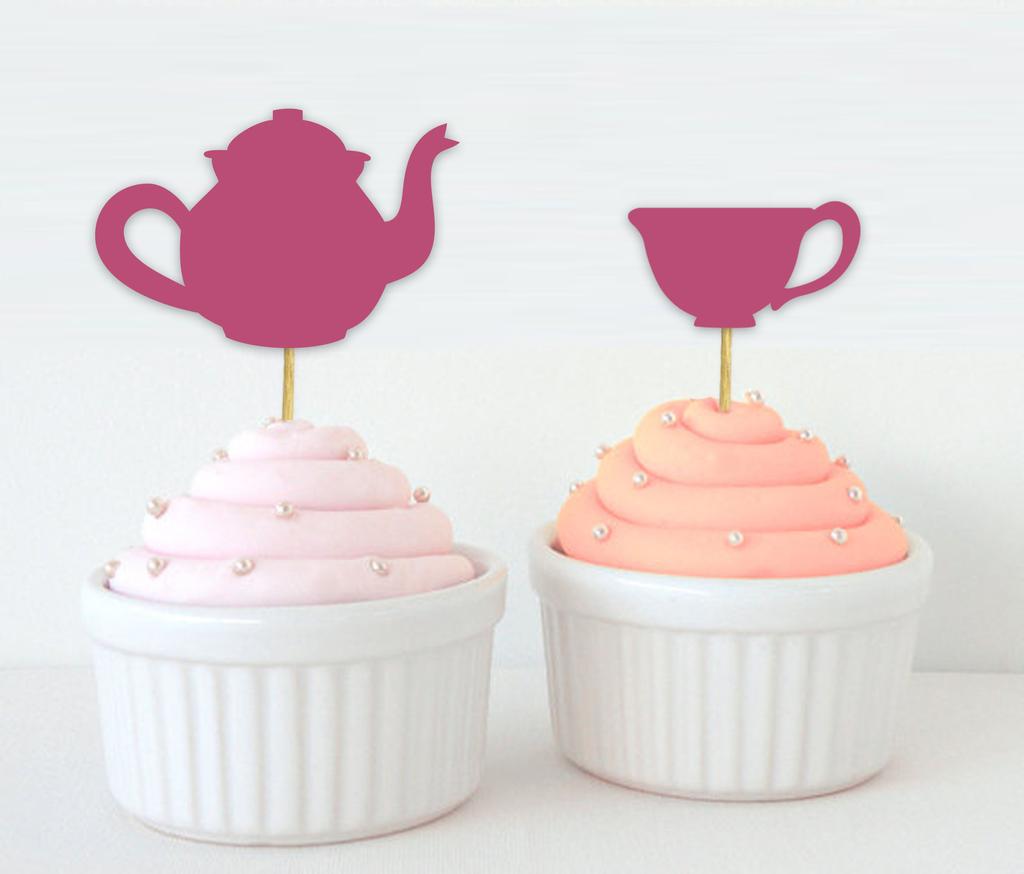 Darling Souvenir| Bridal Shower Tea Party Cupcake Topper| Birthday Dessert Decorations Tea Kettle Cup Cupcake Toppers - Pack Of