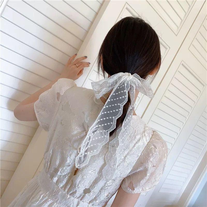 1Pc White Hair Tie with Long Streamer Ribbon and Bow