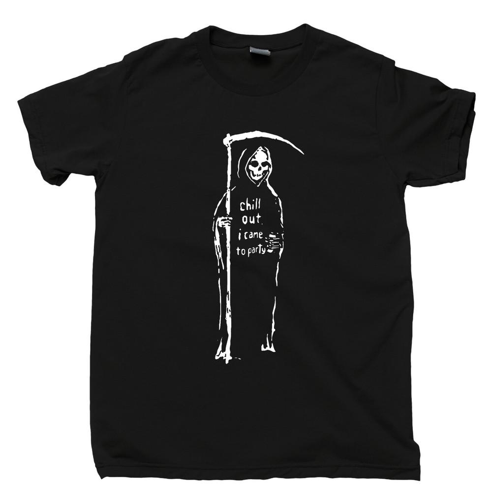

Grim Reaper T Shirt Chill Out I Came To Party Costume Scythe Tattoo Tee XL