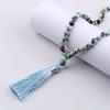 European 8mm Stone Bead Tassel Necklace and Multi-Strand Buddhist Bead Bracelet