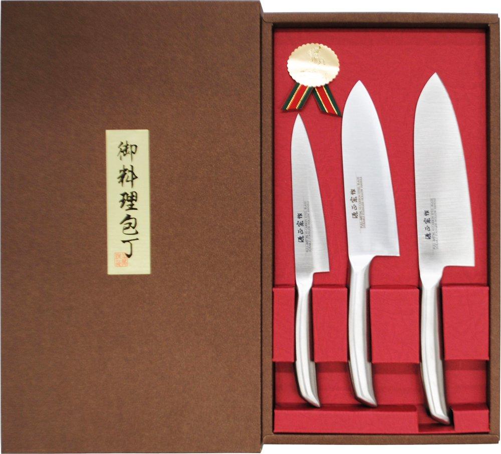 Satake Sangyo Messer Santoku Santoku Hergestellt aus Vollstahl Gen Masamune Set Messer/Schälmesser/Kleines Messer, Japan, Stahl,