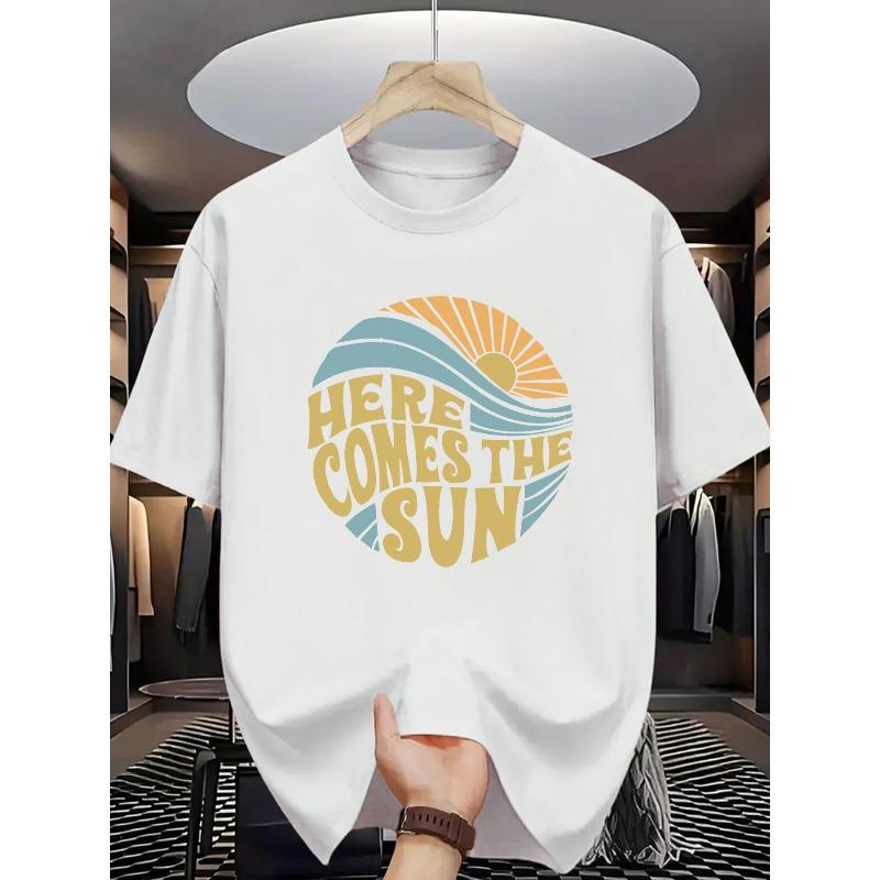 

Men Retro Sun & Wave Graphic T-Shirt - Vintage Print Short Sleeve Tee with Design, Round Neck Casual Summer Shirt, Machine Washable Comfortable Top S белый