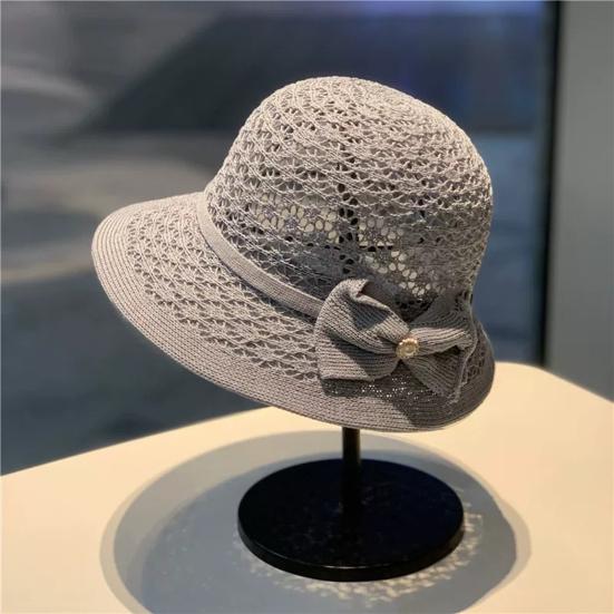 Women's Sun Hat Handmade Straw Woven Bucket Hat with Bow Foldable Sun Protection Fishing Hat for Outdoor Travel Beach