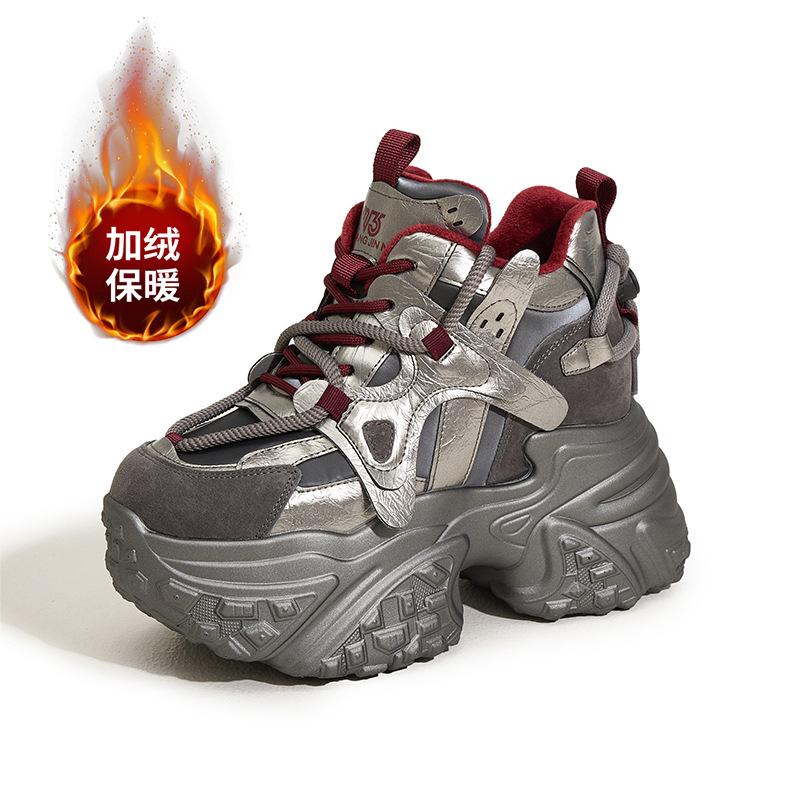 

Флисовые кроссовки-папы женские 2025 весна и осень новые модные универсальные туфли на платформе-маффин, высокие, теплые, с внутренней высотой, увеличивающие рост, женские туфли 39