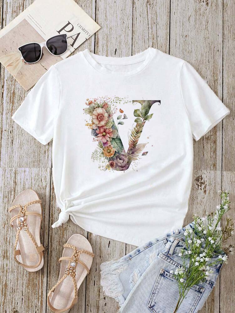 Custom Name Letter Combination Fashion Women T-shirt Floral Letter Font A B C D E F G Short Sleeve Tops White T-shirt