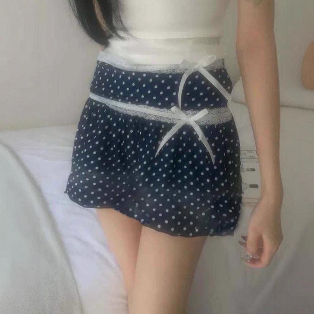 Retro Polka Dot Bow Lace Trim A-line Skirt - Summer Slimming Style