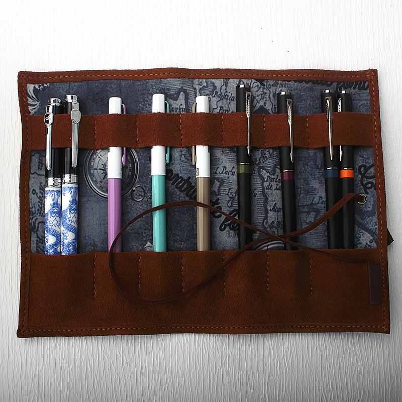 Retro Pencil Case Handmade Genuine Leather Roll Up Pen Curtain Bag Pouch Wrap Holder Stationery School Supplies