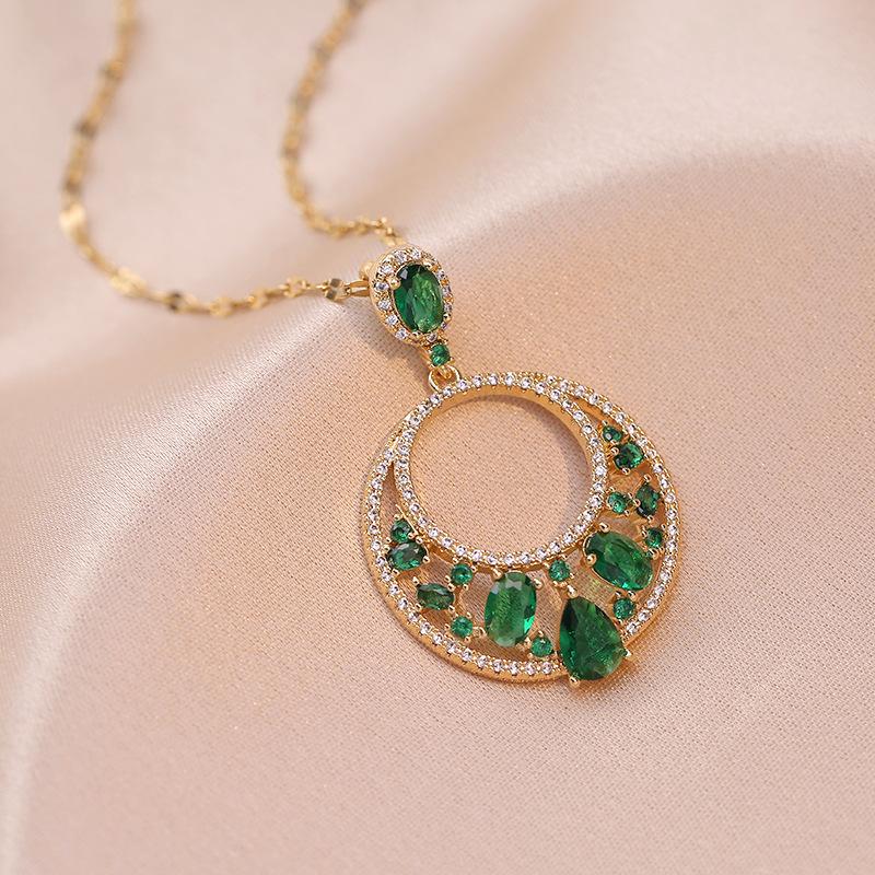 Geometric Circle Pendant Necklace for Women Fashion Green Cubic Zirconia Necklace Hypoallergeni Tainless Steel Chain Jewelry Accessories