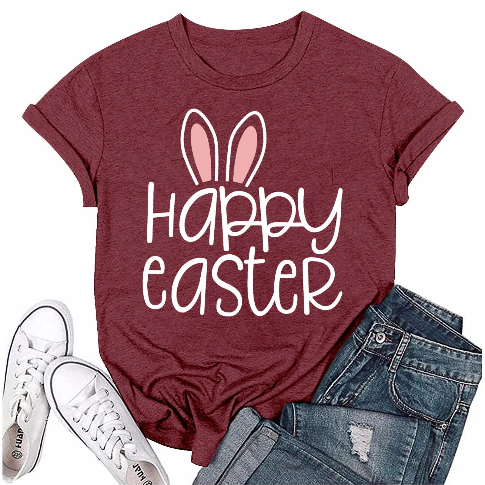 

Женская модная пасхальная принтованная повседневная плиссированная круглая футболка с коротким рукавом L винный