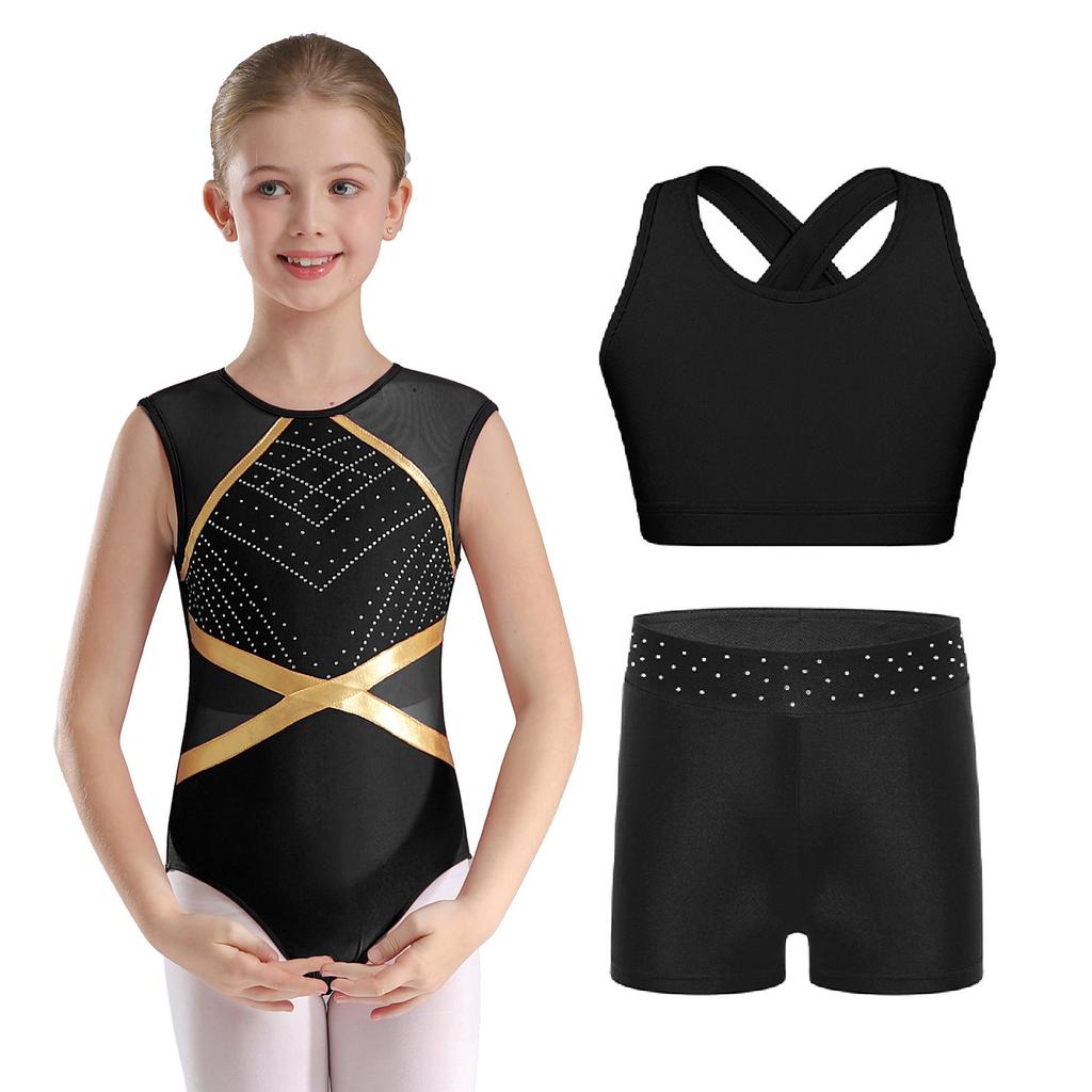 3 stk Jentegymnastikksett - Ermeløs drak med nøkkhullsrygg, kryssvest og rhinestoneshorts for dans/opptreden